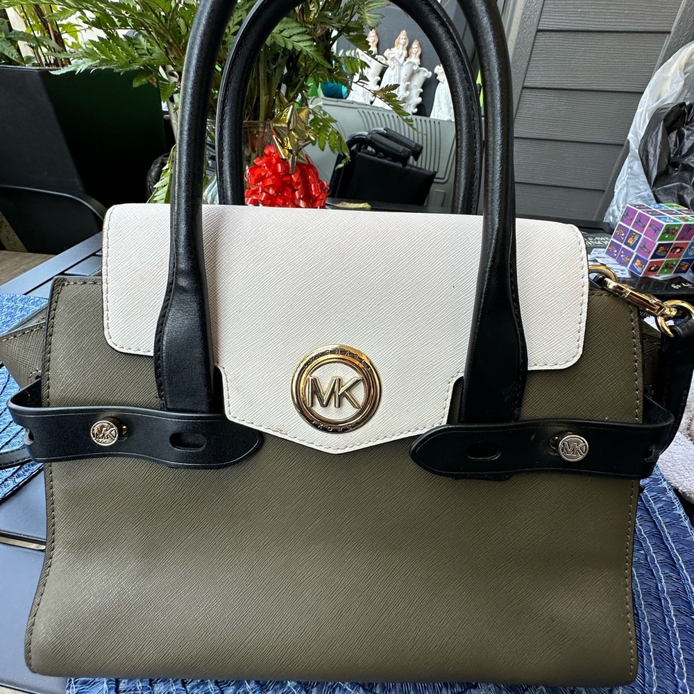 Michael Kors satchel , olive green with white and black trim.